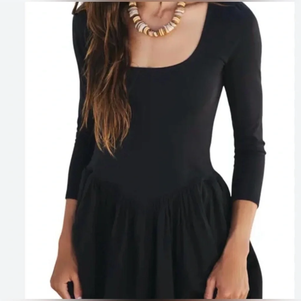 Free People Onda Long Sleeve Stretch Cotton Minidress Black Womens Large
